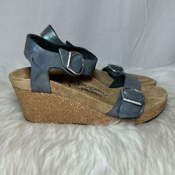 Papilio By Birkenstock Solely Metallic Blue Grey Nubuck Wedge Sandals Sz 36/US 5 - Picture 5 of 7